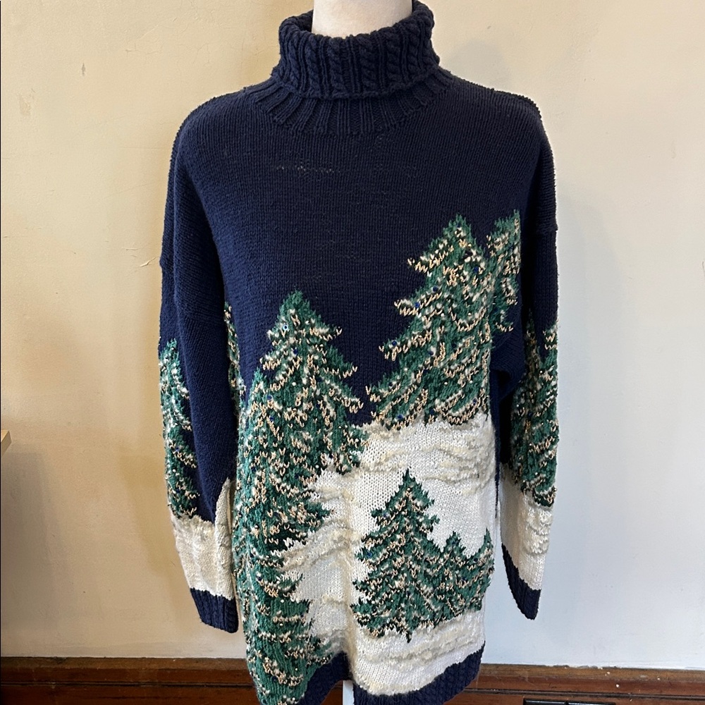 Marisa Christina vintage Navy Turtleneck Sweater with Green Tree  Size L